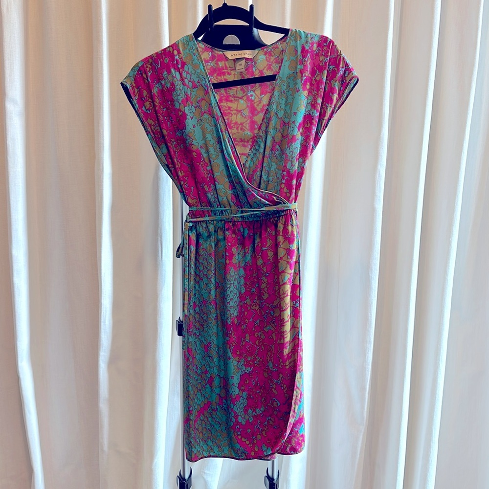 Silk Presley Skye dress I’m pink/aqua and gold pattern.